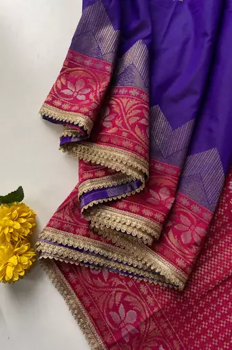purple color zari weaves contrast pallu and designer chaap border silk blend saree