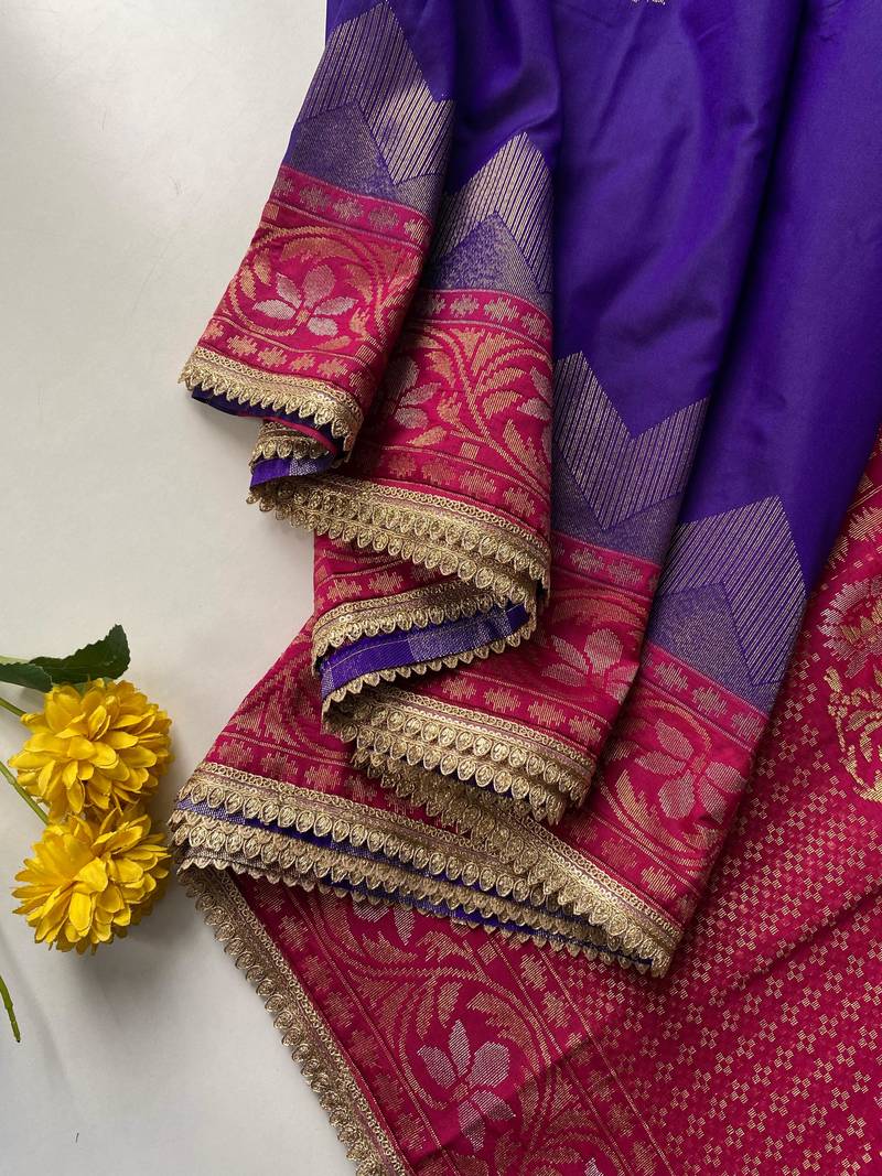 purple color zari weaves contrast pallu and designer chaap border silk blend saree
