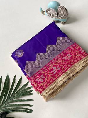 purple color zari weaves contrast pallu and designer chaap border silk blend saree 4