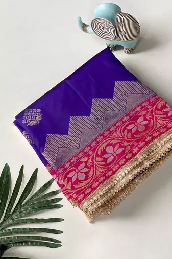 purple color zari weaves contrast pallu and designer chaap border silk blend saree