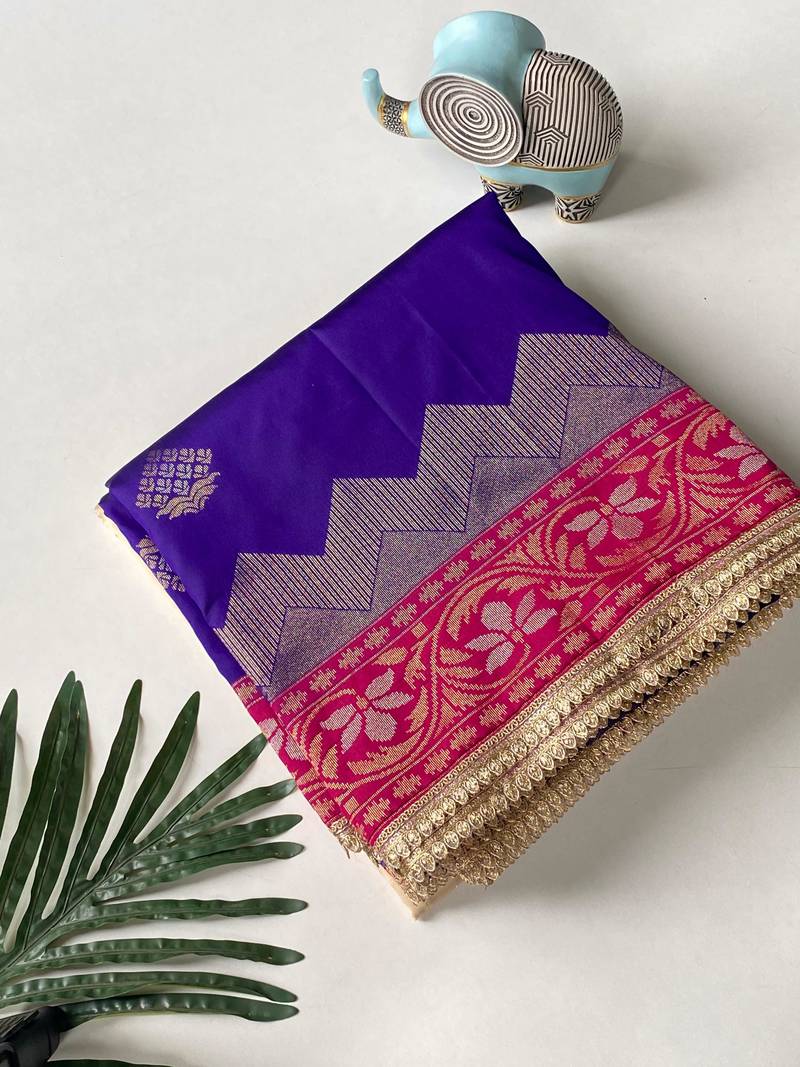 purple color zari weaves contrast pallu and designer chaap border silk blend saree