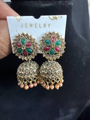 Antique Gold Multicolor Kundan Jhumka Earrings for Women, Pearl Drop Traditional Wedding Festive Jewellery 1
