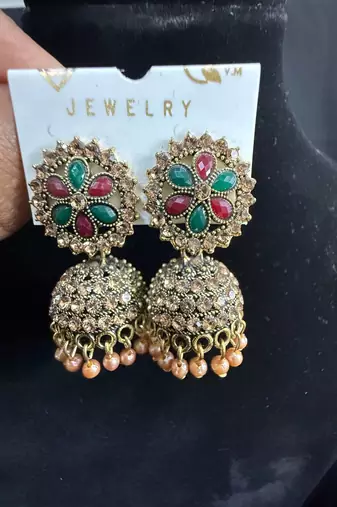 Antique Gold Multicolor Kundan Jhumka Earrings for Women, Pearl Drop Traditional Wedding Festive Jewellery