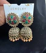 Antique Gold Multicolor Kundan Jhumka Earrings for Women, Pearl Drop Traditional Wedding Festive Jewellery
