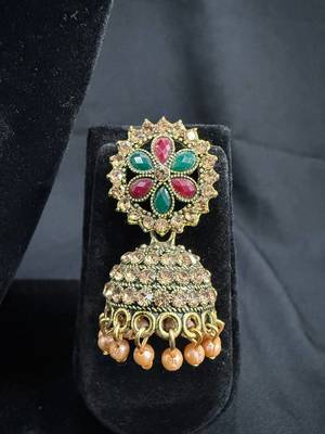 Antique Gold Multicolor Kundan Jhumka Earrings for Women, Pearl Drop Traditional Wedding Festive Jewellery 2