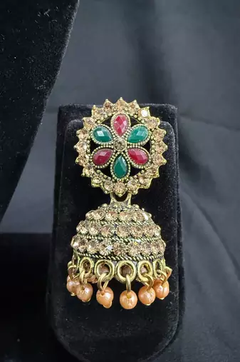 Antique Gold Multicolor Kundan Jhumka Earrings for Women, Pearl Drop Traditional Wedding Festive Jewellery