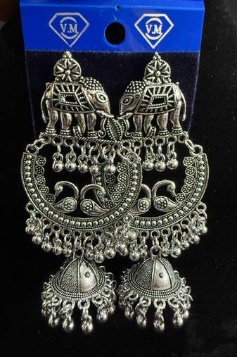 Oxidised Silver Elephant Chandbali Jhumka Earrings for Women, Tribal Ethnic Jewellery for Navratri Garba Wedding