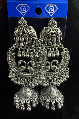 Oxidised Silver Elephant Chandbali Jhumka Earrings for Women, Tribal Ethnic Jewellery for Navratri Garba Wedding
