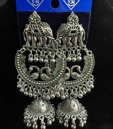 Oxidised Silver Elephant Chandbali Jhumka Earrings for Women, Tribal Ethnic Jewellery for Navratri Garba Wedding
