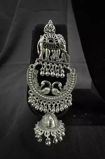 Oxidised Silver Elephant Chandbali Jhumka Earrings for Women, Tribal Ethnic Jewellery for Navratri Garba Wedding