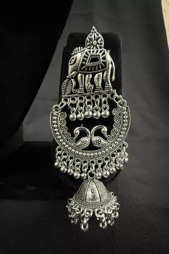 Oxidised Silver Elephant Chandbali Jhumka Earrings for Women, Tribal Ethnic Jewellery for Navratri Garba Wedding