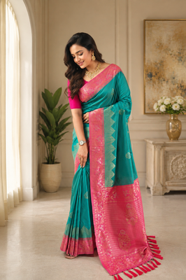 green color zari weaves contrast pallu and designer chaap border silk blend saree 1