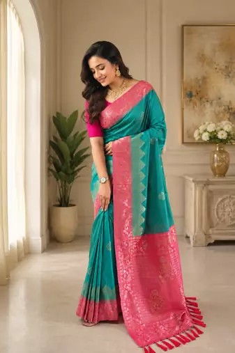 green color zari weaves contrast pallu and designer chaap border silk blend saree