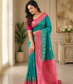 green color zari weaves contrast pallu and designer chaap border silk blend saree