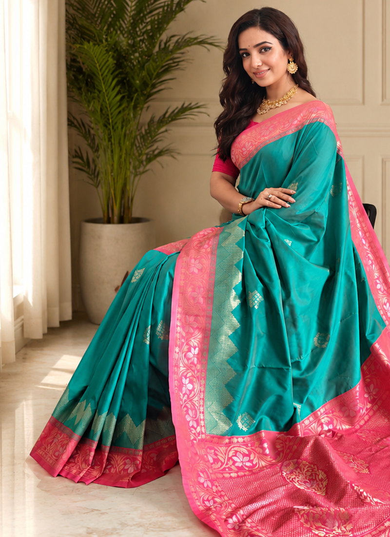 green color zari weaves contrast pallu and designer chaap border silk blend saree