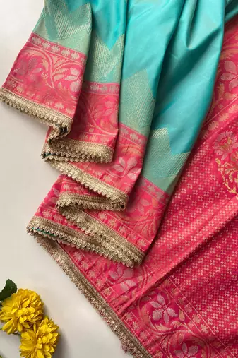 green color zari weaves contrast pallu and designer chaap border silk blend saree