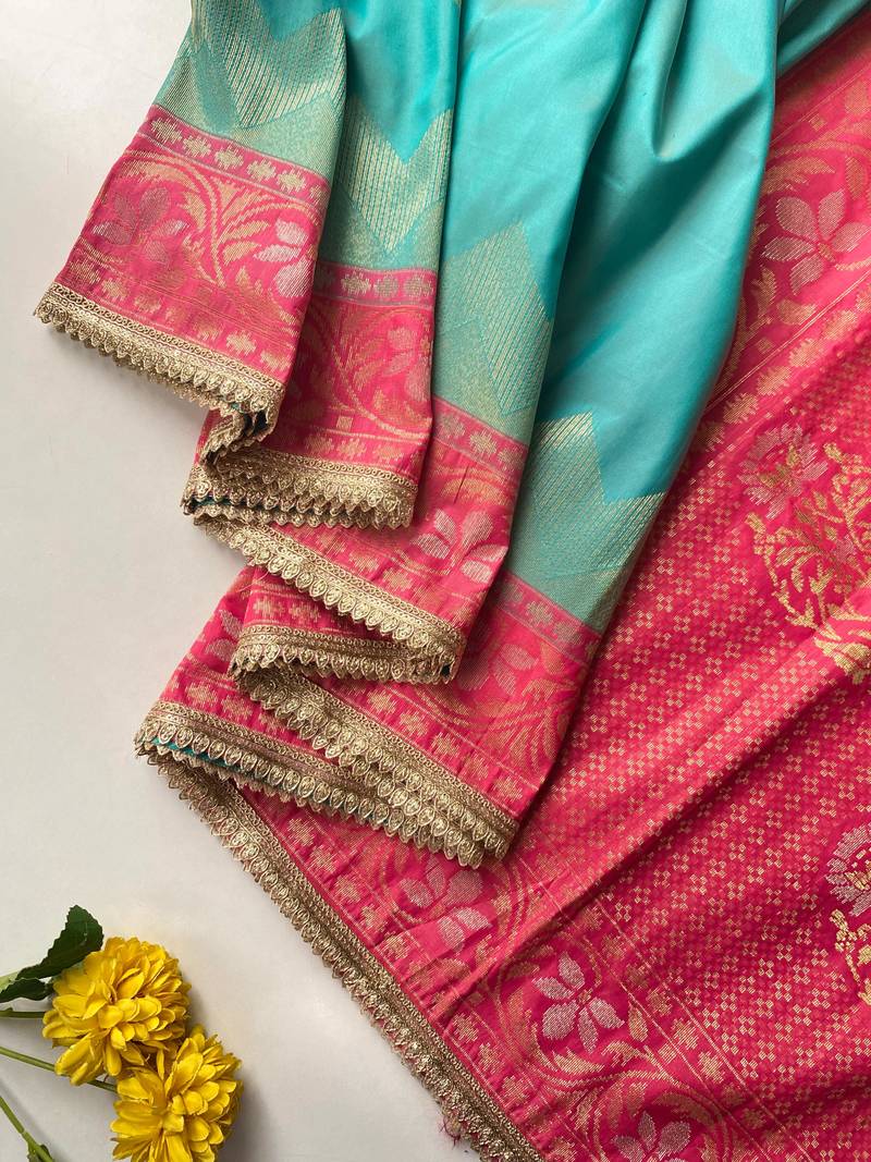 green color zari weaves contrast pallu and designer chaap border silk blend saree