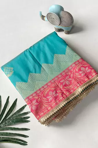 green color zari weaves contrast pallu and designer chaap border silk blend saree