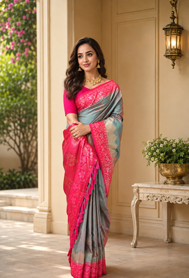 grey color zari weaves contrast pallu and designer chaap border silk blend saree 1