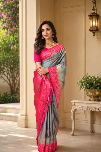 grey color zari weaves contrast pallu and designer chaap border silk blend saree