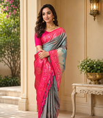 grey color zari weaves contrast pallu and designer chaap border silk blend saree