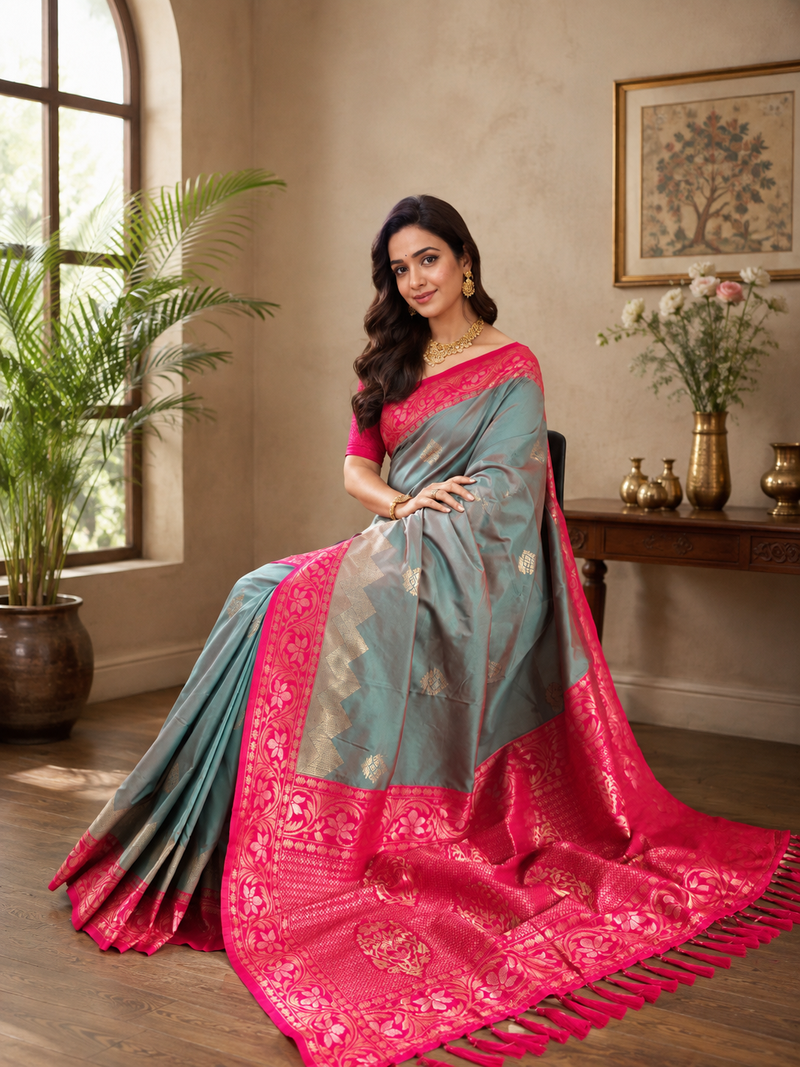 grey color zari weaves contrast pallu and designer chaap border silk blend saree