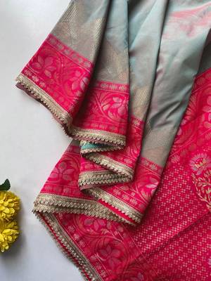 grey color zari weaves contrast pallu and designer chaap border silk blend saree 3