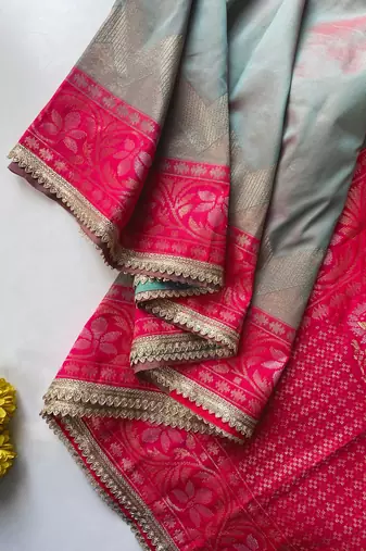grey color zari weaves contrast pallu and designer chaap border silk blend saree