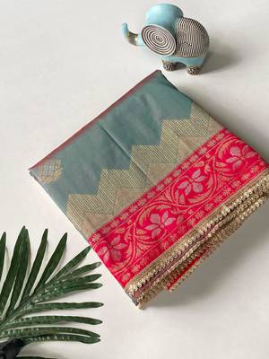 grey color zari weaves contrast pallu and designer chaap border silk blend saree 4
