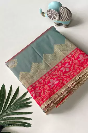grey color zari weaves contrast pallu and designer chaap border silk blend saree