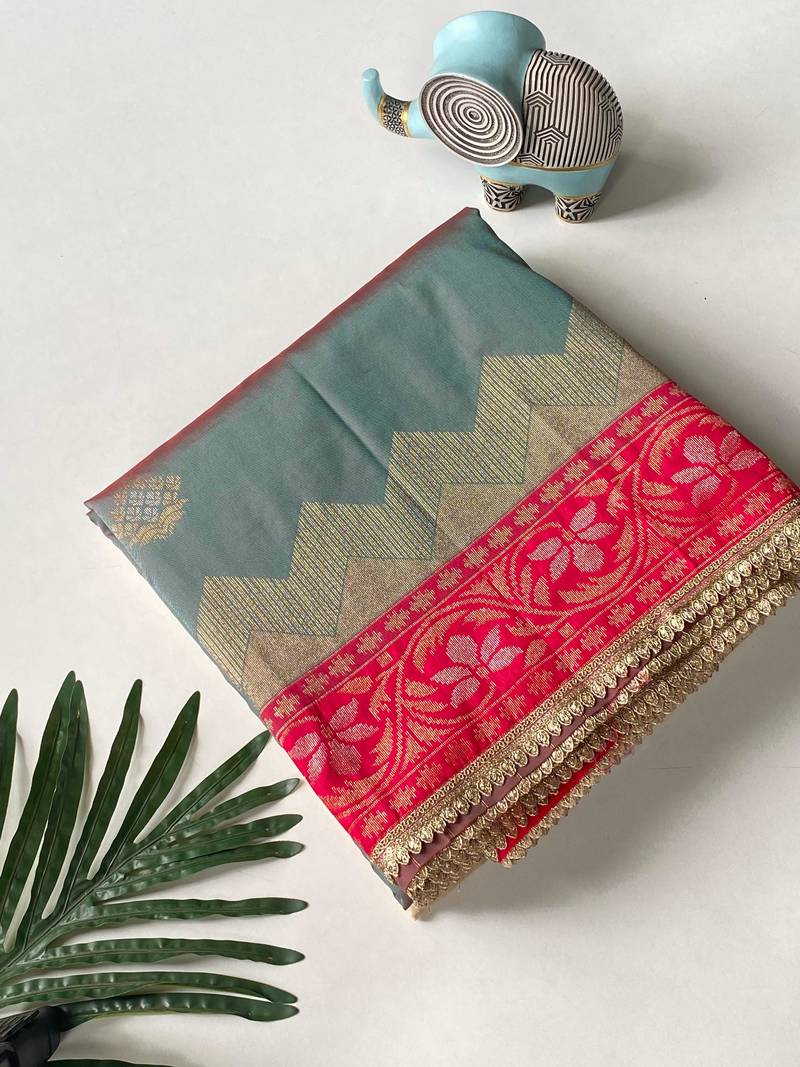 grey color zari weaves contrast pallu and designer chaap border silk blend saree