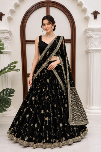 Black thread with Sequnce Work Foux Gorgette Lehenga Choli Set