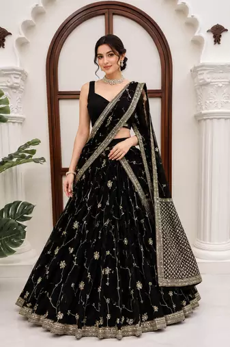 Black thread with Sequnce Work Foux Gorgette Lehenga Choli Set