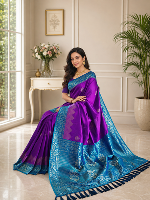 violet color zari weaves contrast pallu and designer chaap border silk blend saree 1
