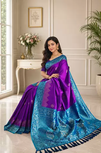 violet color zari weaves contrast pallu and designer chaap border silk blend saree
