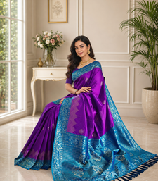 violet color zari weaves contrast pallu and designer chaap border silk blend saree
