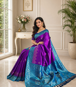 violet color zari weaves contrast pallu and designer chaap border silk blend saree