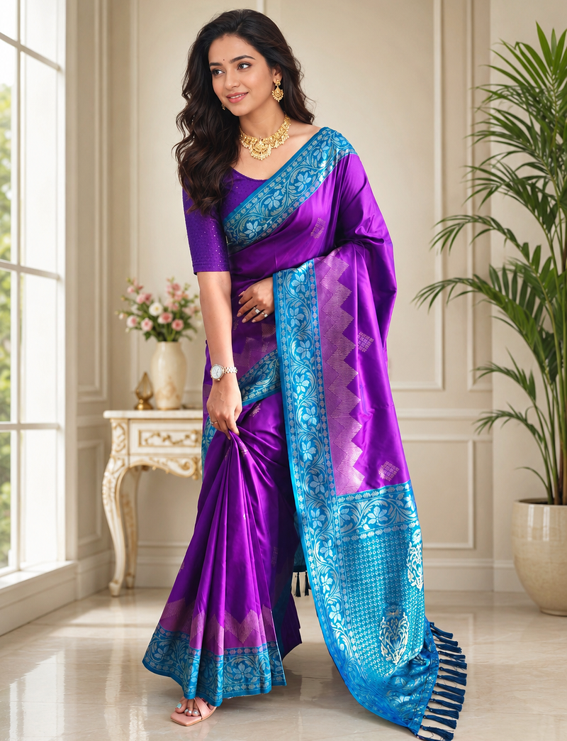 violet color zari weaves contrast pallu and designer chaap border silk blend saree