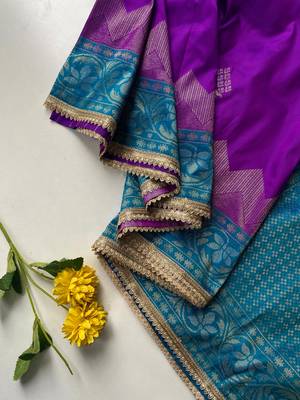 violet color zari weaves contrast pallu and designer chaap border silk blend saree 3