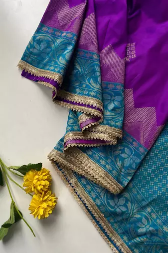 violet color zari weaves contrast pallu and designer chaap border silk blend saree