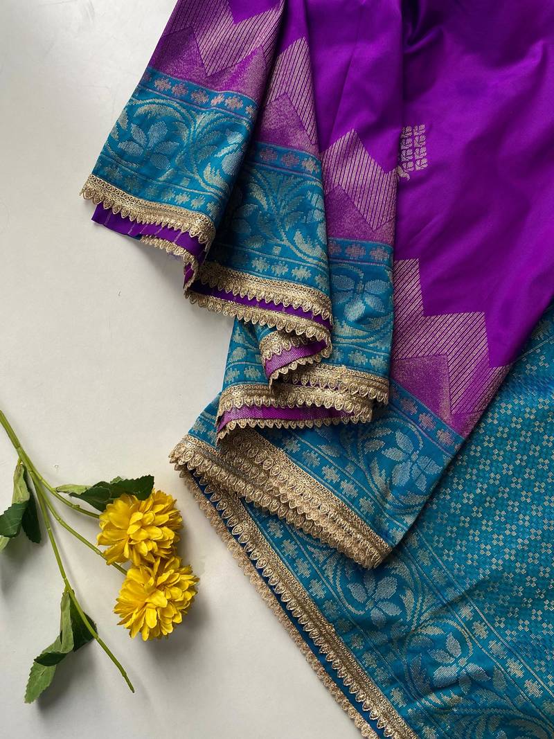 violet color zari weaves contrast pallu and designer chaap border silk blend saree