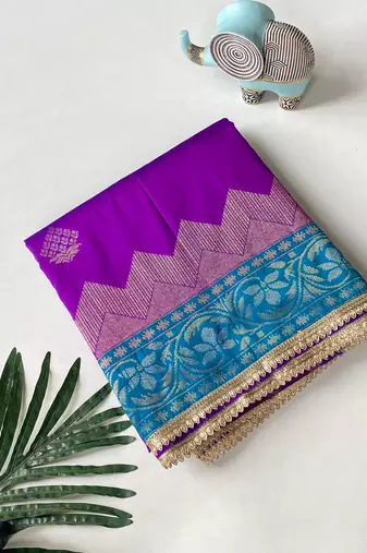 violet color zari weaves contrast pallu and designer chaap border silk blend saree