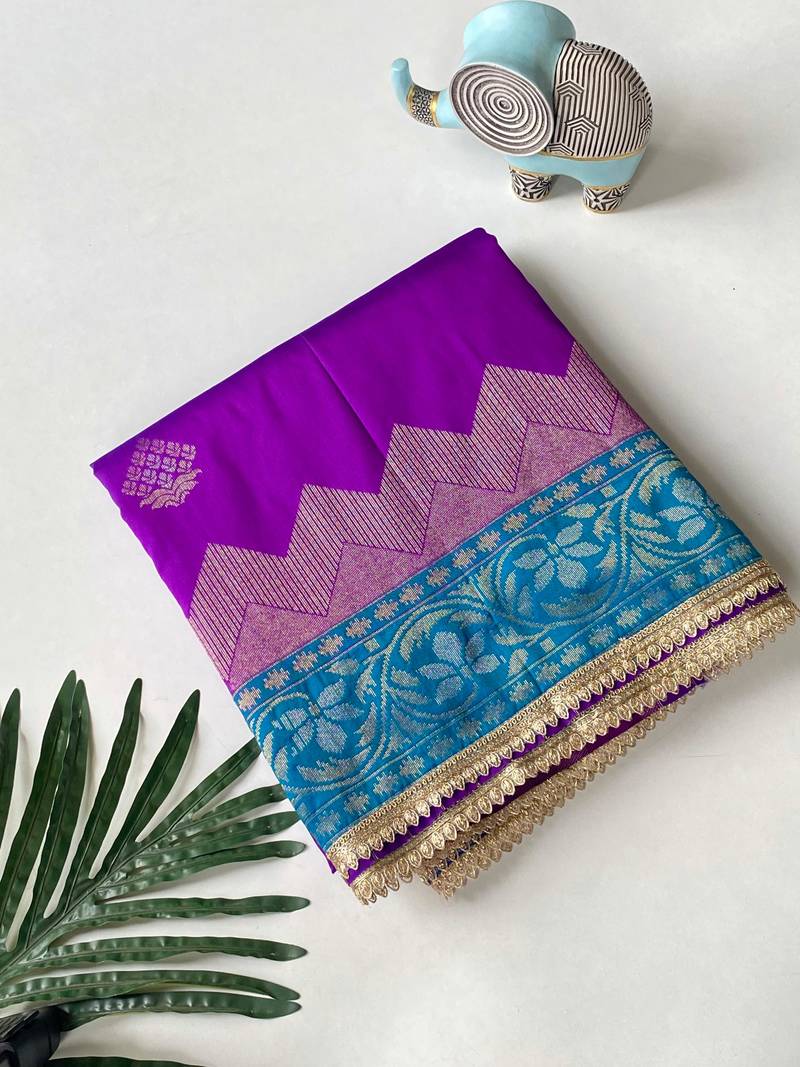 violet color zari weaves contrast pallu and designer chaap border silk blend saree