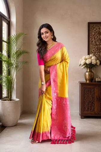 yellow color zari weaves contrast pallu and designer chaap border silk blend saree