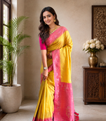yellow color zari weaves contrast pallu and designer chaap border silk blend saree