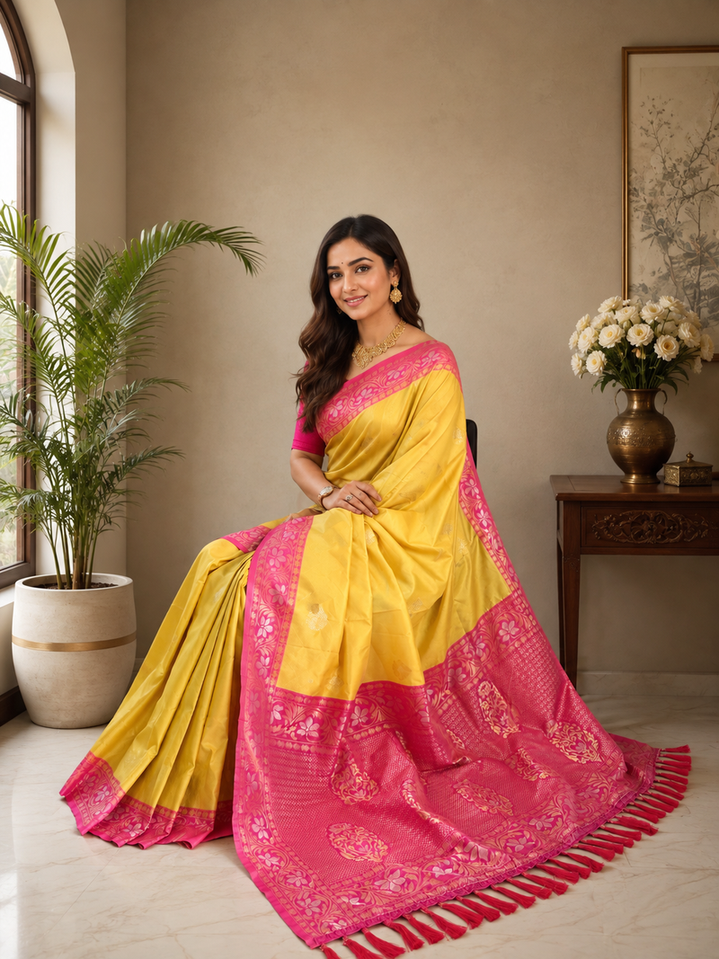yellow color zari weaves contrast pallu and designer chaap border silk blend saree