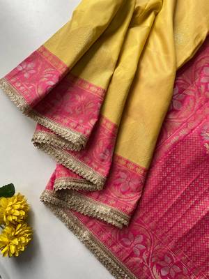 yellow color zari weaves contrast pallu and designer chaap border silk blend saree 3