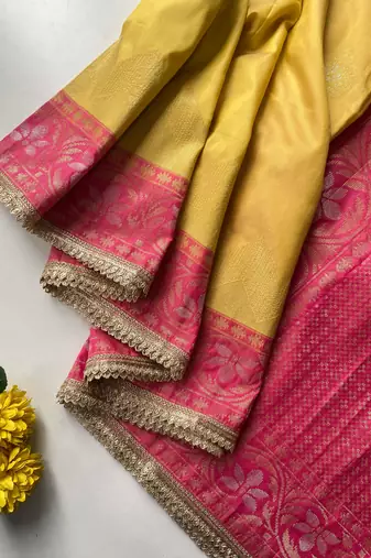 yellow color zari weaves contrast pallu and designer chaap border silk blend saree