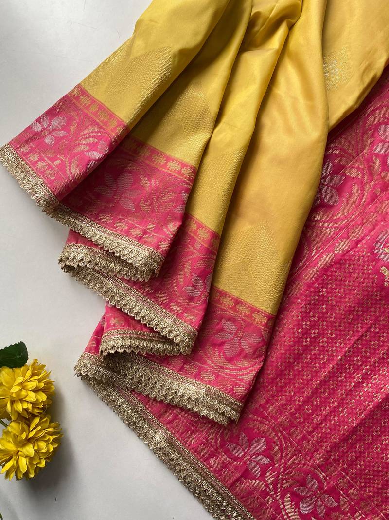 yellow color zari weaves contrast pallu and designer chaap border silk blend saree