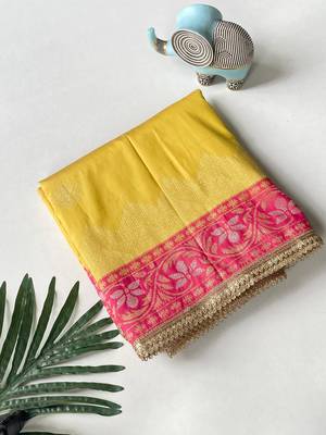 yellow color zari weaves contrast pallu and designer chaap border silk blend saree 4